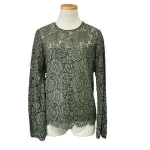 Diane Von Furstenberg Top Women's 4 Green Lace Floral Long Sleeve Blouse Shirt